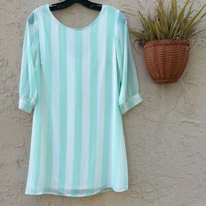 Striped Mint and White Dress With 3/4 Sleeves and Large Bow in Back.
